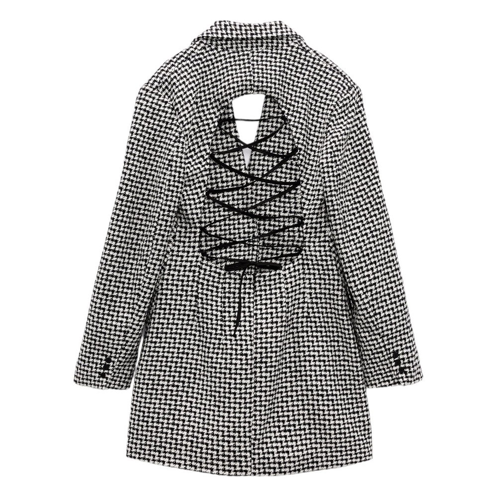 ZARA Tweed Houndstooth Lace Up Open Back Preppy Academia Blazer Mini Dress S - Picture 10 of 16